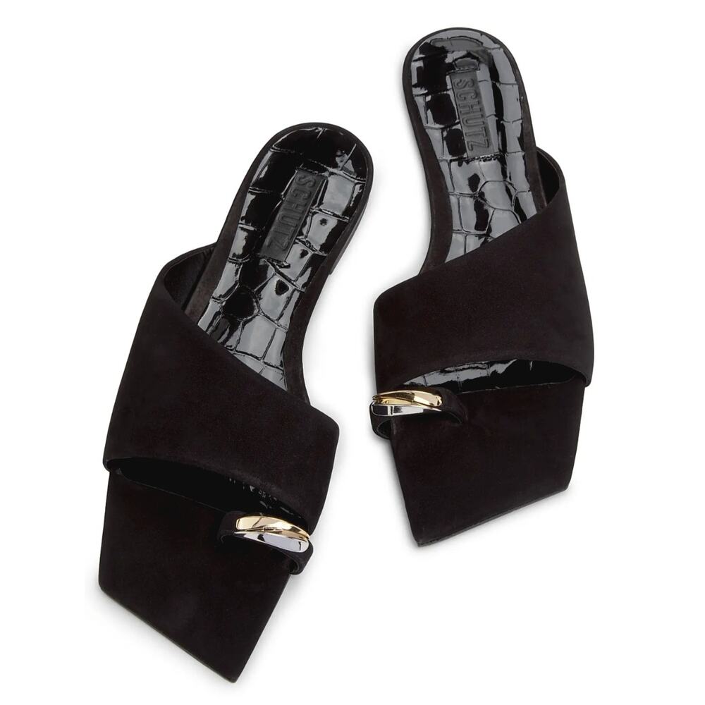 Schutz Jodie Nubuck Leather Suede Flats Black Womens 8.5